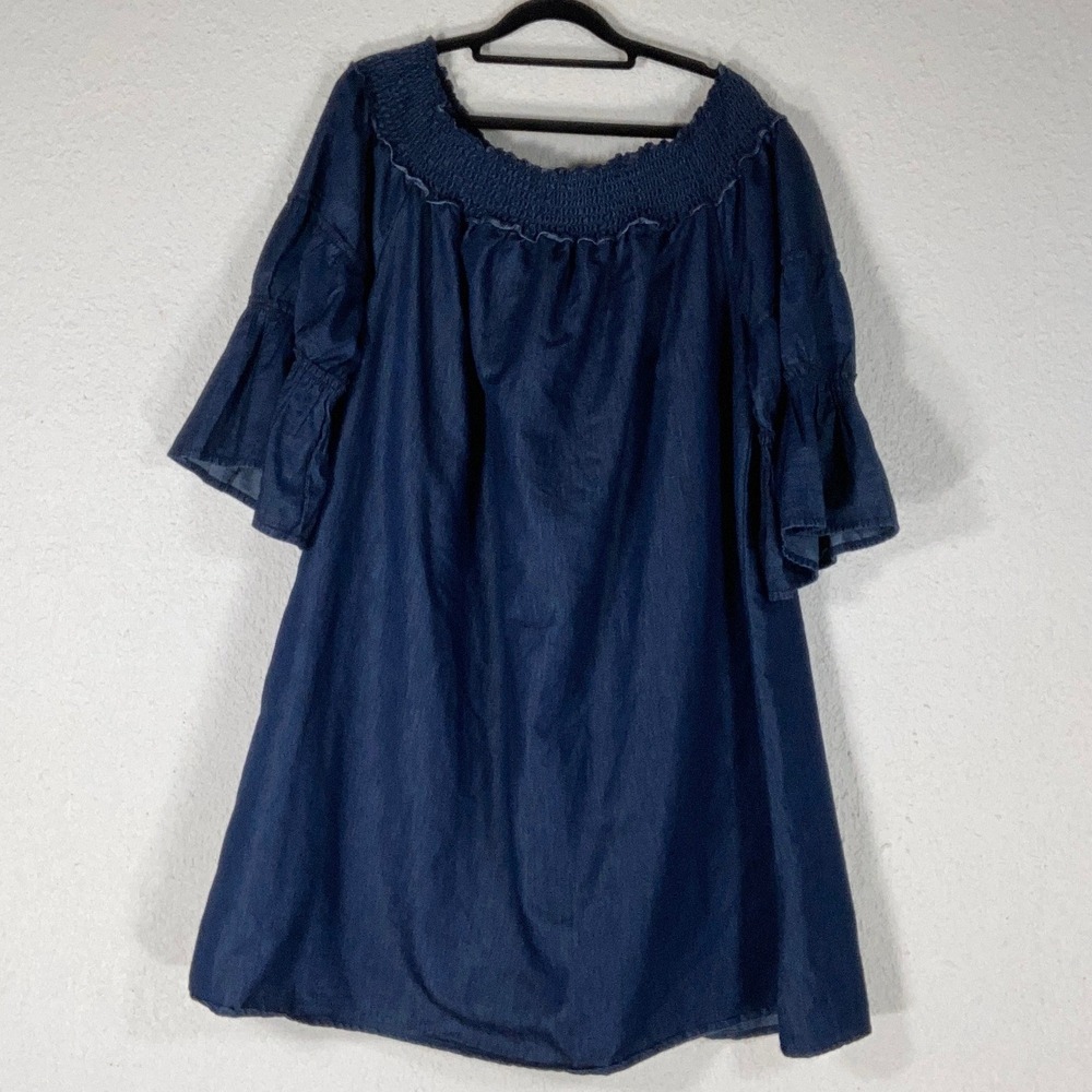 Eighty Eight Blue Chambray Off Shoulder Tunic - 2X- Bell Sleeve Boho Peasant